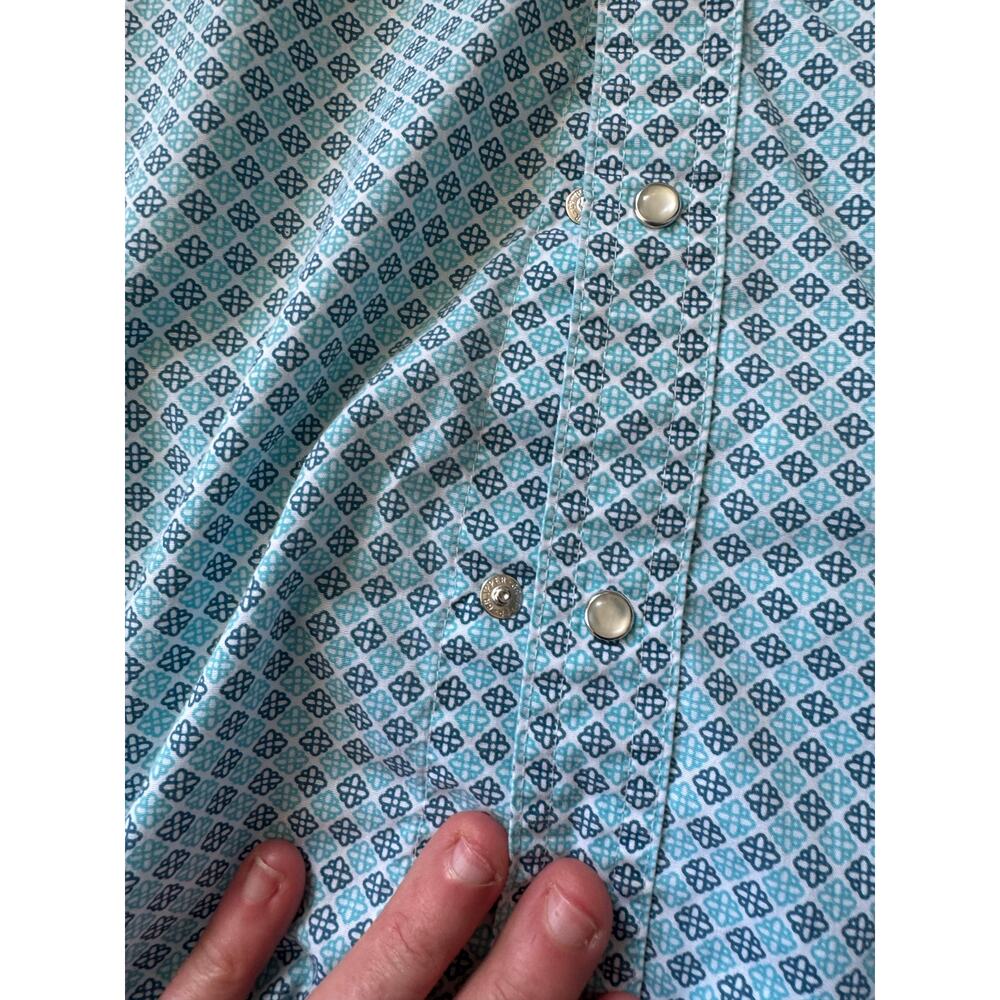 Wrangler Wrancher Men Shirt Size L Turquoise Navy Blue Pearl Snaps - Picture 7 of 8